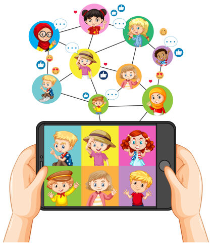 手手拿着智能手机和不同的孩子在智能手机屏幕上视频通话青年网络