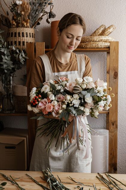 花卉做花束的女人安排花店花束