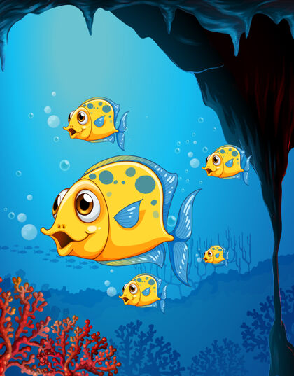 鱼许多奇异的鱼卡通人物在水下场景与珊瑚美丽卡通水