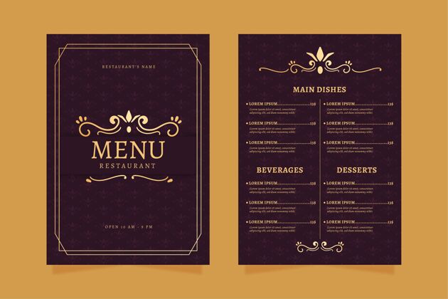 午餐餐厅菜单模板金色紫罗兰色烹饪餐厅菜单饮食