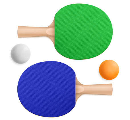 把手三维乒乓球和蓝色和绿色运动桨与木制手柄在顶部和底部视图桌子球球拍