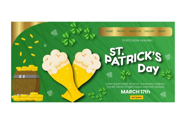 庆祝手绘圣帕特里克节登陆页模板与啤酒和硬币爱尔兰手绘3月17日