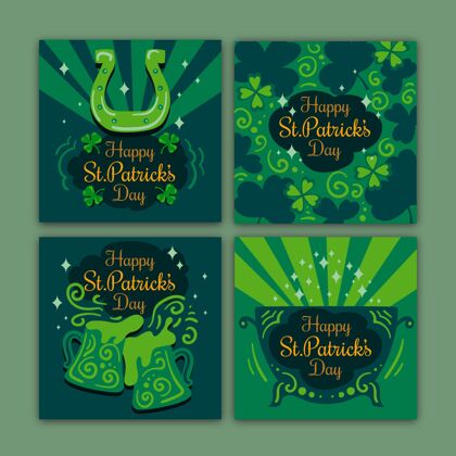 节日手绘圣帕特里克节instagram帖子集套装绿色传统