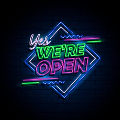 商店霓虹灯“我们开门”标志开业招牌欢迎开业