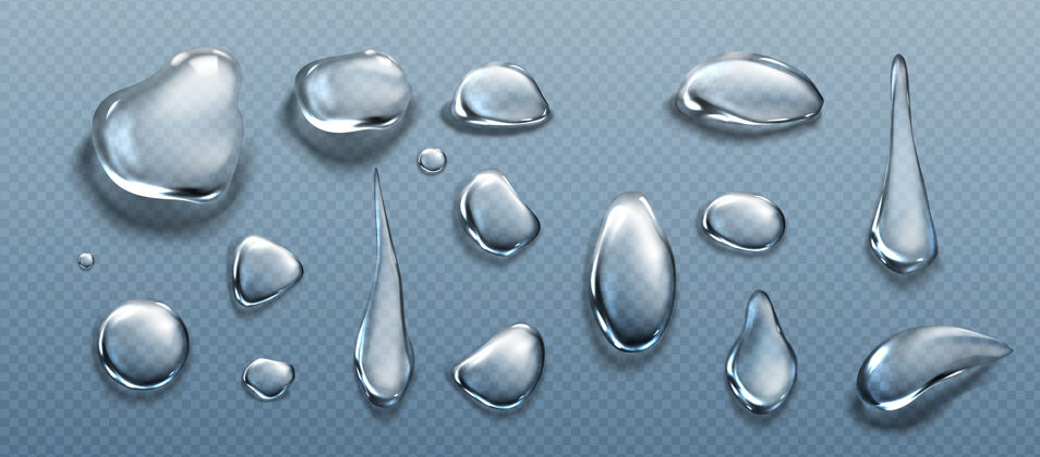 倾注水滴 不同形状的透明露珠 滴落和躺着的水化液纯滴 散布的水泡 玻璃球 透明背景上孤立的球体 逼真的三维矢量集水坑雨滴真实