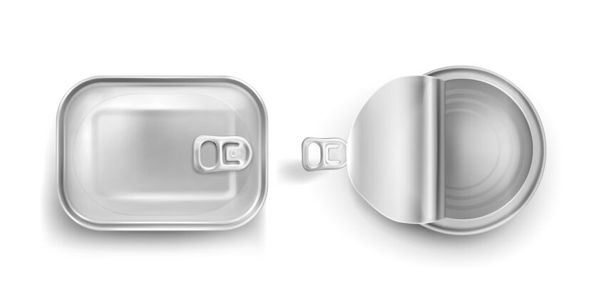 拉铁罐与拉环模型俯视图罐头食品金属罐与关闭和开放的盖子 铝矩形和圆形保存罐隔离在白色背景上 现实的三维矢量图标空铁存储