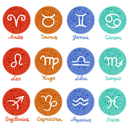 天蝎座一组十二生肖符号在彩色纹理的圆圈上 铭文是孤立的深奥水瓶座颜色