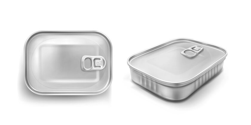 包装沙丁鱼罐头与拉环模型顶部和角度视图食品金属罐与封闭盖 银色铝矩形保存罐隔离在白色背景上 逼真的三维矢量图标空白铝容器