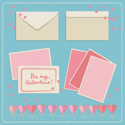 设计可爱的情人节明信片和信封设置在白色和粉色插图地址日期问候语