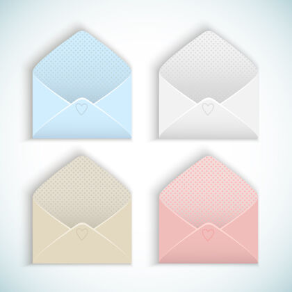 快递可爱的设计空情人节打开的彩色粉彩信封设置在白色隔离信息标记邮戳