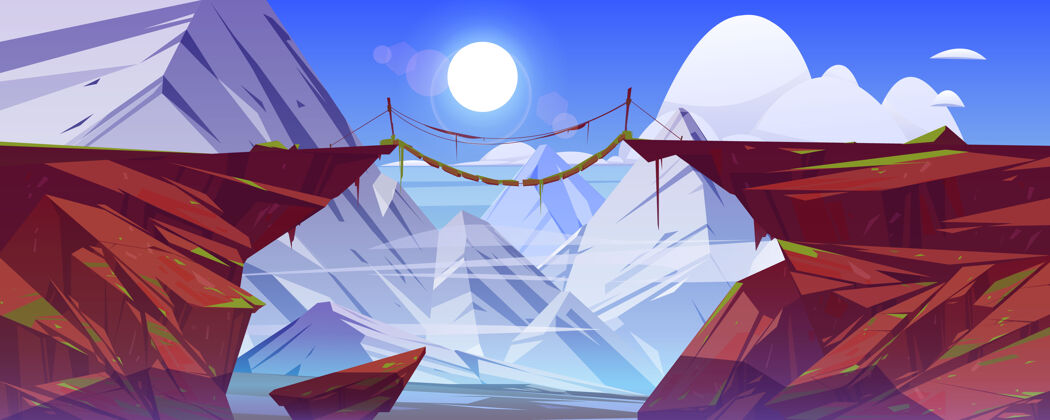 悬挂山与山之间的桥悬在悬崖之上 在雪峰岩壁上风景如画度假村桥地标
