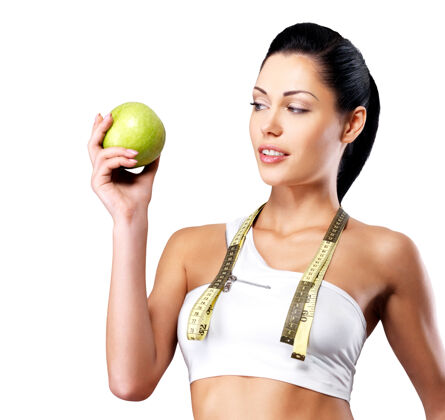 人一个健康的女人的肖像与苹果和一瓶水健康的健身和饮食生活方式的概念苹果生活方式健活方式