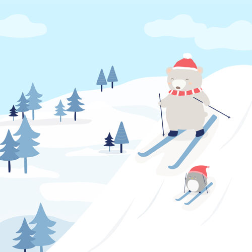 企鹅一只熊和一只企鹅在雪地上滑雪泰迪自然卡通