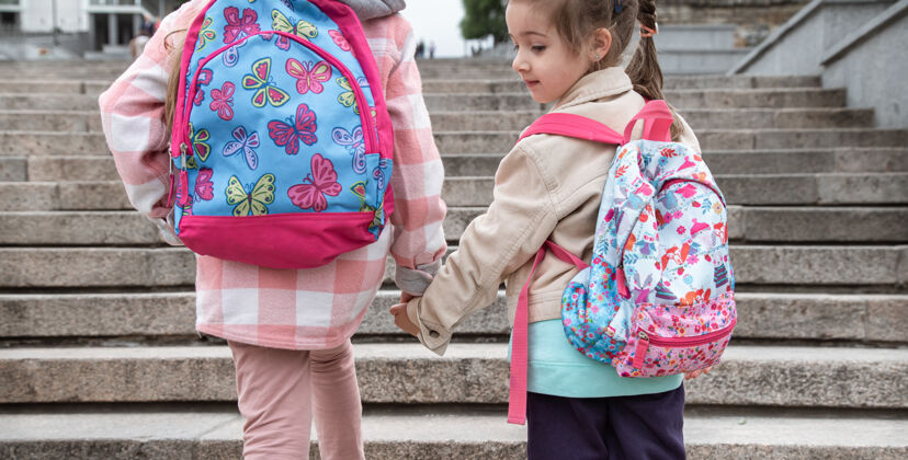 孩子两个背着漂亮背包的小女孩手牵手一起上学童年友谊的概念友谊一起童年