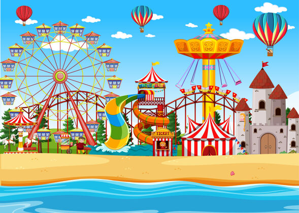 自然白天有海滩边的游乐场 空中有气球热场景游乐场