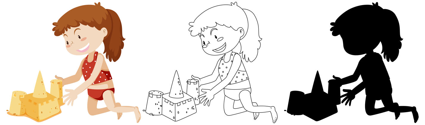 自然女孩建造沙堡的颜色和轮廓和剪影游戏户外结构