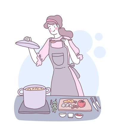 公寓矢量平面插图与一个女孩谁在厨房做饭晚餐食物厨师