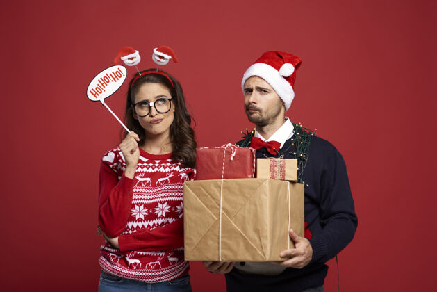 圣诞老人夫妻俩担心圣诞礼物的准备工作脸圣诞帽十二月