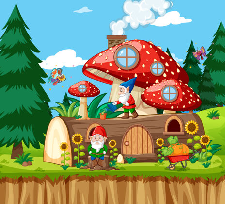 年轻地精和木蘑菇房子和花园里的卡通风格的花园自然侏儒树