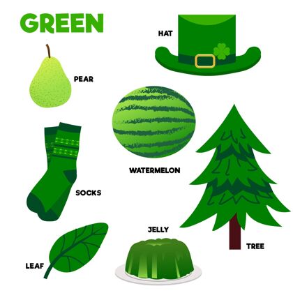 乐趣绿色单词和元素包在英语里设置词汇幼儿园