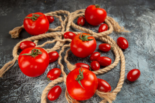 西红柿前视图新鲜的樱桃番茄和绳子植物西红柿木本