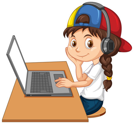 年轻在白色背景的桌子上放着笔记本电脑的女孩卡通女人享受