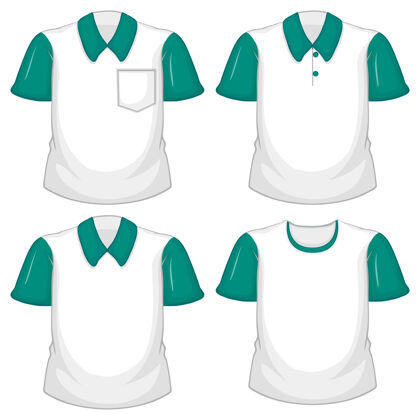女人一套不同的白色衬衫与绿色短袖隔离在白色背景上配件空白短