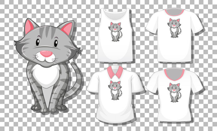 可爱猫卡通人物用一套不同的衬衫隔离在透明的衣服上马球婴儿设置