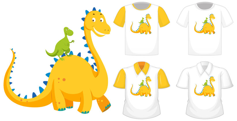 服装恐龙卡通人物标志不同的白色衬衫与黄色短袖隔离在白色背景上femal配饰表演