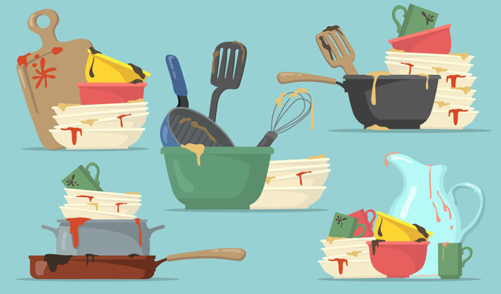 洗碗机脏盘子和杯子平面设置网页设计卡通厨房空盘子洗涤隔离矢量插图收集家庭和厨房用具的概念海绵脏的餐具
