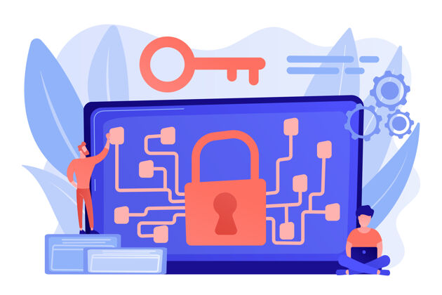 叙事加密官员和系统管理员为区块链的密钥所有者创建算法代码加密和加密算法概念场景现代蓝色