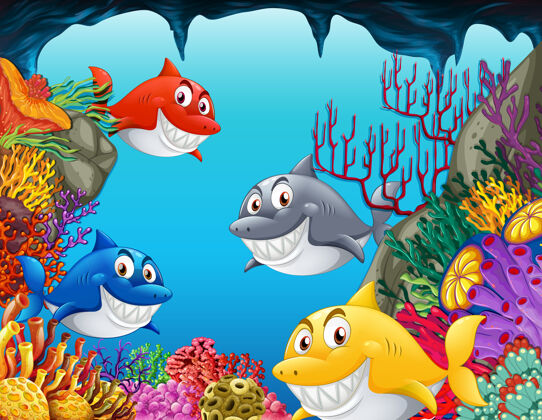 插图许多鲨鱼卡通人物在水下插画风景场景动物