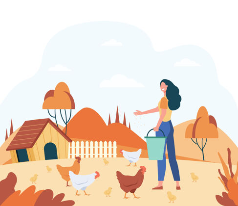 风景快乐女人喂家禽平面矢量插图卡通女农民在农村饲养母鸡和公鸡养鸡场和农业概念女性外部家禽