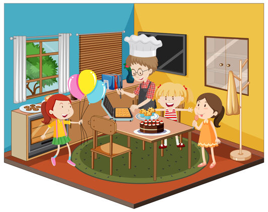 卡通孩子们在厨房里以派对为主题食物友谊孩子