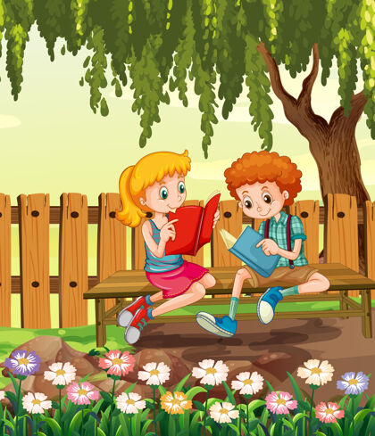 童年小男孩和小女孩在花园里看书爱好年轻花园