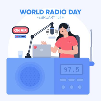 通信平面手绘世界广播日与女人收音机媒体扬声器
