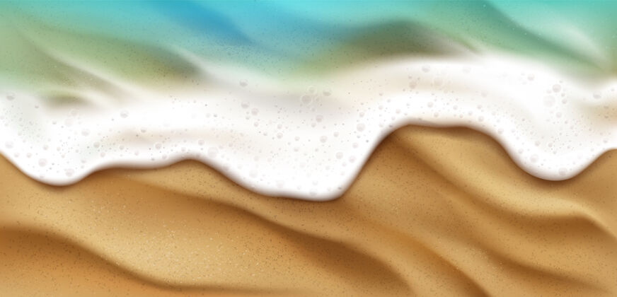 泡沫海浪俯视图 泡沫溅在沙滩上 沙滩上蓝色海洋泡沫水溅在海岸线背景上夏日的自然表面 航海海景 逼真的3d插图海上海岸线沙滩