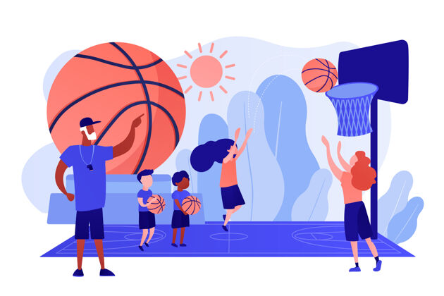 学院教练教学和孩子们练习篮球夏令营 小人物篮球夏令营 学院 实现篮球目标的概念粉珊瑚蓝矢量孤立的插图娱乐运动游戏