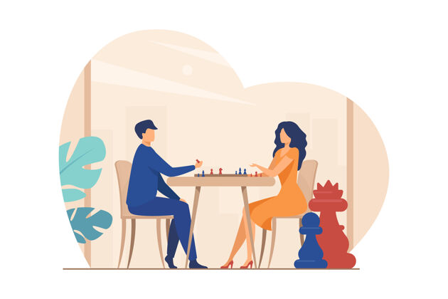平板情侣下棋男女在棋盘平面矢量插图休闲 爱好 智力 挑战活动娱乐二
