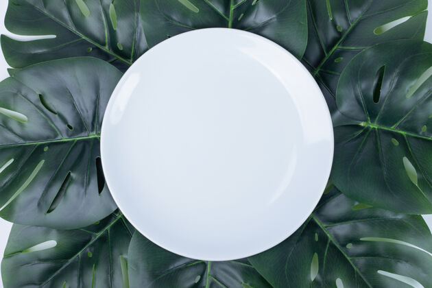 假的白色盘子周围有人造绿叶盘子人造特写