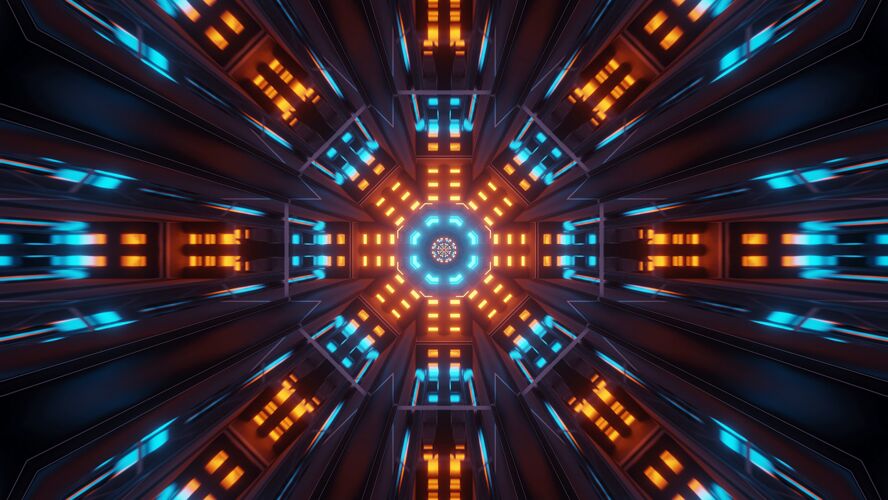 网络彩色蓝色和橙色激光宇宙背景-完美的数字墙纸现代探索奇幻