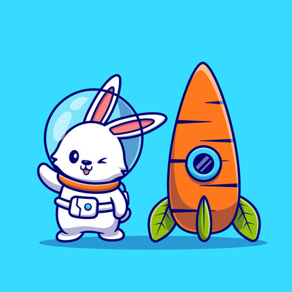 胡萝卜可爱的兔子宇航员与胡萝卜火箭卡通图标插图动物科技图标概念隔离平面卡通风格平面设计兔子设计