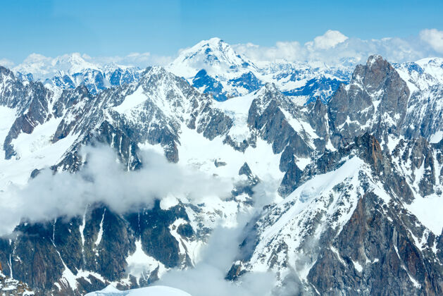 电力勃朗峰山丘夏季景观（从法国米迪山艾奎尔俯瞰）敬畏山山峰