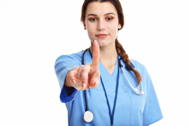 医疗保健女医生被隔离在白色背景下药品手指护士