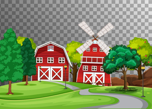 草地农场与红色谷仓和风车在透明的背景道路卡通房子