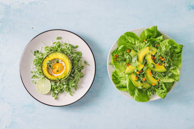 营养健康的蔬菜沙拉 由鳄梨 黄瓜 葡萄 欧芹和生菜配橄榄油调味汁 香醋和芥末观点早餐孩子