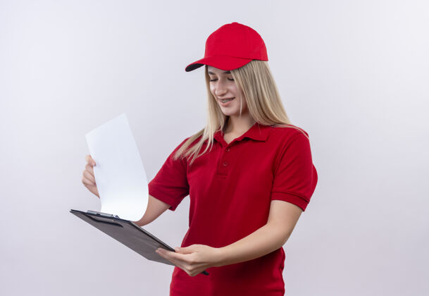 T恤微笑的小女孩穿着红色t恤 戴着帽子 戴着牙套 在孤立的白色背景上翻着剪贴板女孩白色帽子