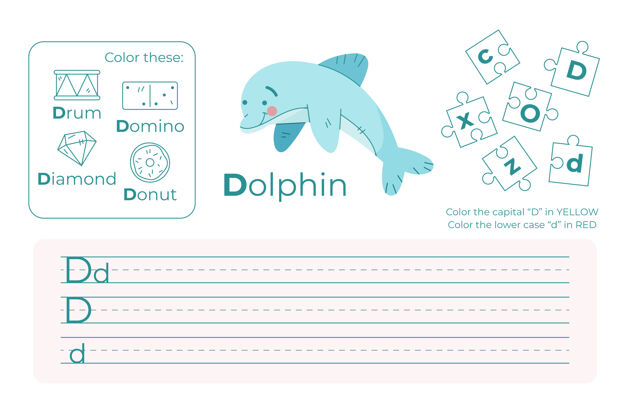 印刷带海豚的字母d孩子教育家早期