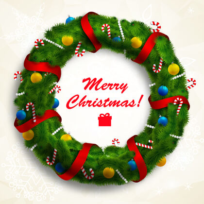 星星圣诞快乐花环装饰着丝带和白色圣诞饰品花圈圣诞树祝贺