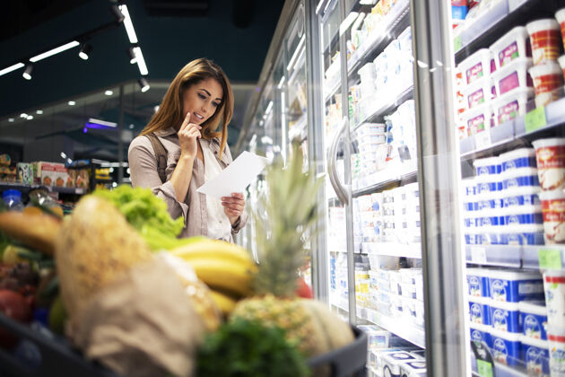 超市体贴的女人在超市里拿着购物清单 读着她要买的东西购物狂购买货架